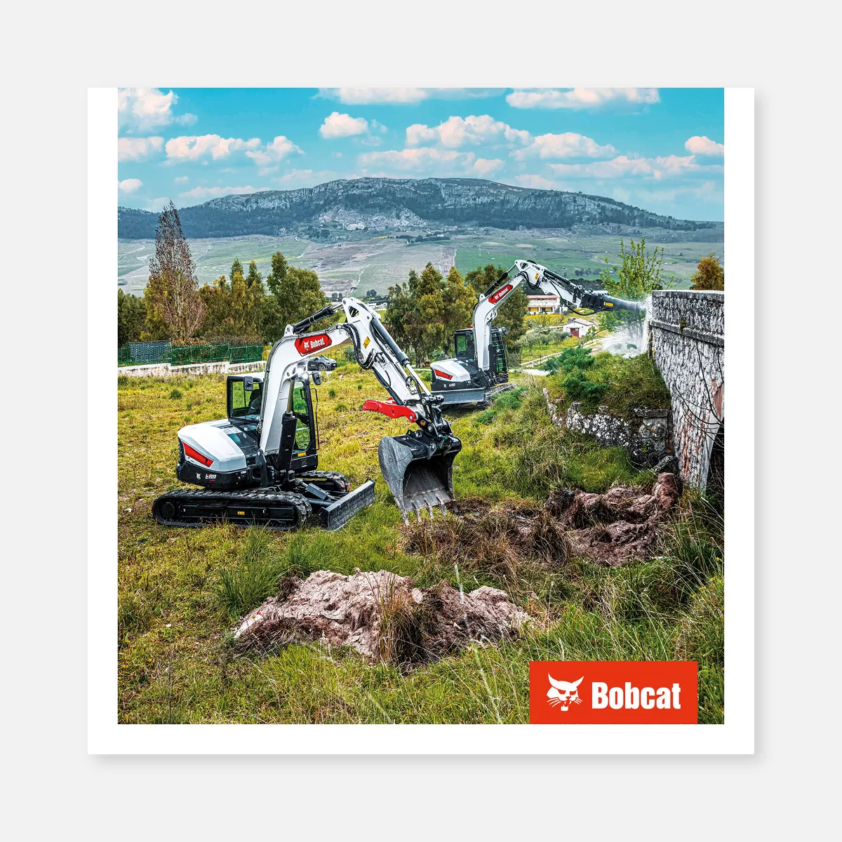 Product poster (PVC) – R-series mini excavators clearing bridge