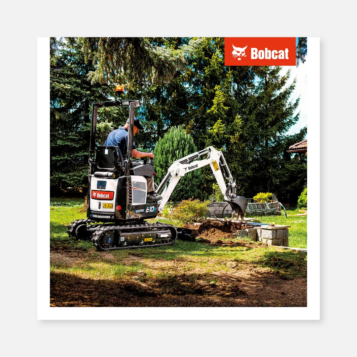 Product poster (PVC) – E10e electric mini excavator landscaping